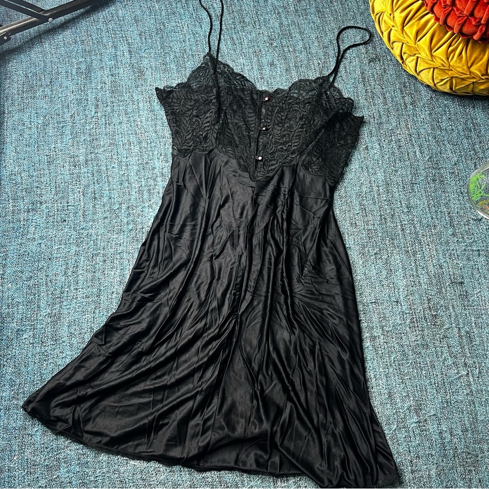 Vintage imec Italy Lace Satin Nightgown Slip Dress in Black Women's USA 38